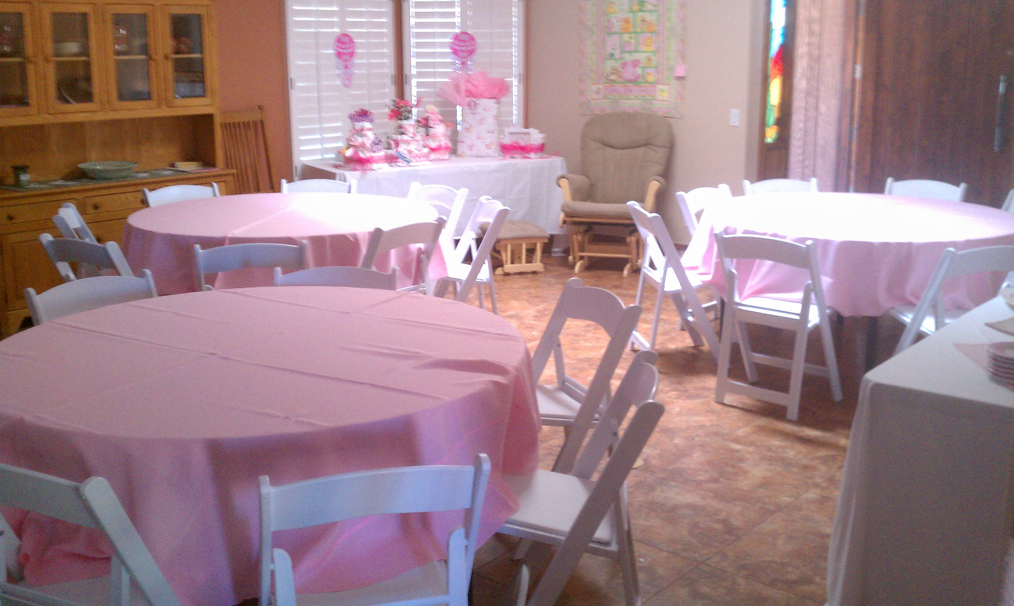 Tables Chairs Pink Linens And A Baby Shower Its A Girl