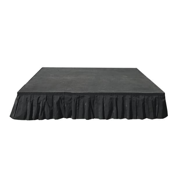 Lifted stage with surface of black carpet. Includes black side skirts.