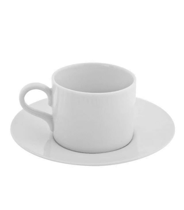 A coffee cup sitting on it's included saucer