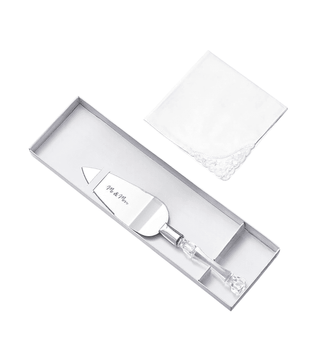 Mr. & Mrs. cake server set featuring a stainless steel blade with an engraved "Mr. & Mrs." design, a decorative handle, and a lace-edged napkin, all presented in a sleek box.