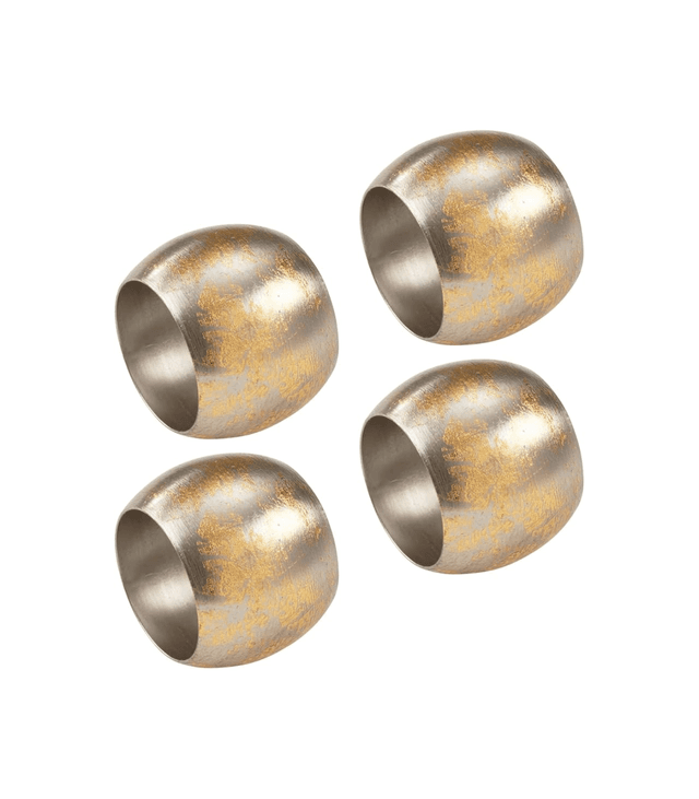 Set of four metallic napkin rings with a brushed gold finish, featuring a rounded design.