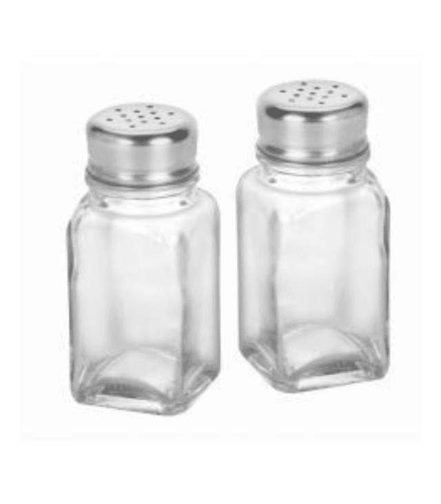 A set of glass shakers for salt and pepper