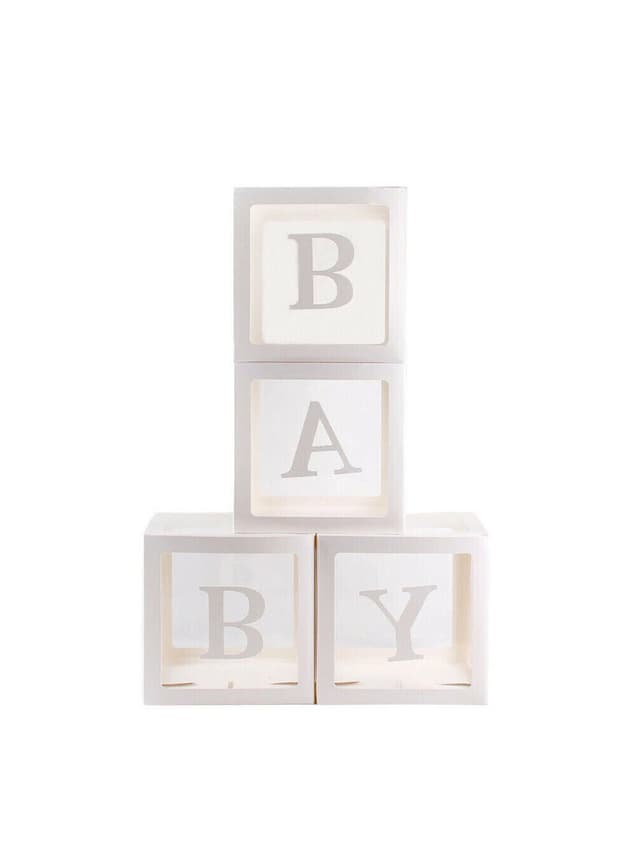 Set of four white Baby Letter Boxes, each measuring 12 inches, displaying the letters "B," "A," "B," and "Y" in a soft, neutral design, stacked in a playful arrangement.