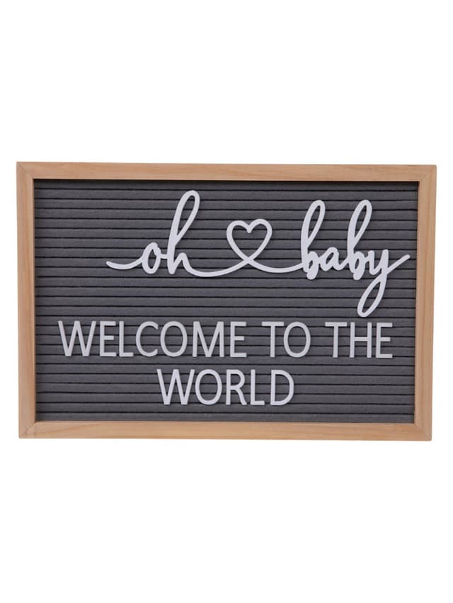 A decorative and fun letter board sign saying Oh Baby