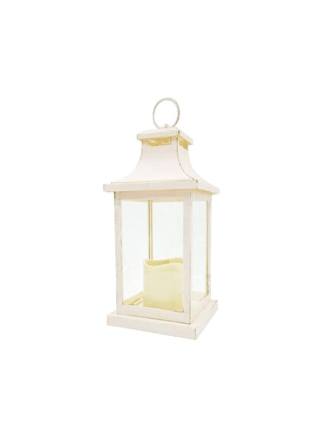 Rustic ivory lantern measuring 5.31 inches long, 5.31 inches wide, and 13 inches high, featuring a glass enclosure and an included electric candle for safe illumination