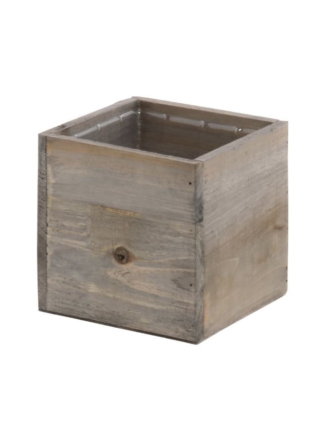 Wooden centerpiece box measuring 5 inches in diameter, 5 inches in width, and 5 inches in height, featuring a natural wood finish and a sturdy design.