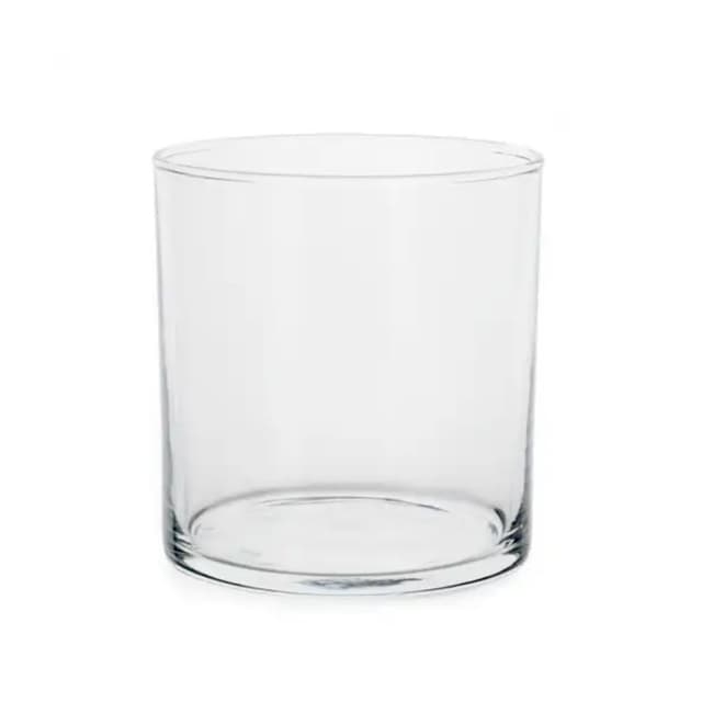 A clear glass candle holder with a simple cylindrical design, standing 2.5 inches tall, featuring a smooth surface and an open top, ideal for holding various types of candles.