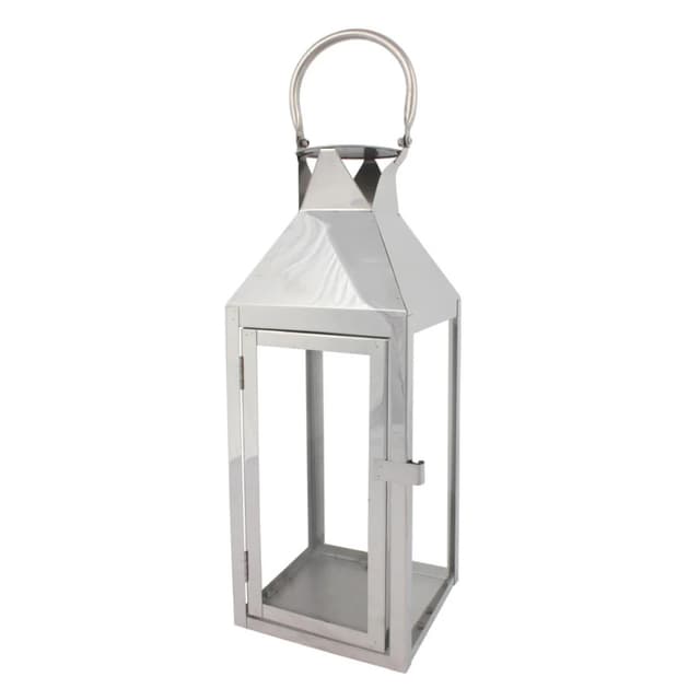 A silver lantern with a pyramid-shaped top and a handle, featuring a transparent glass enclosure and an open front door, showcasing its sleek design.