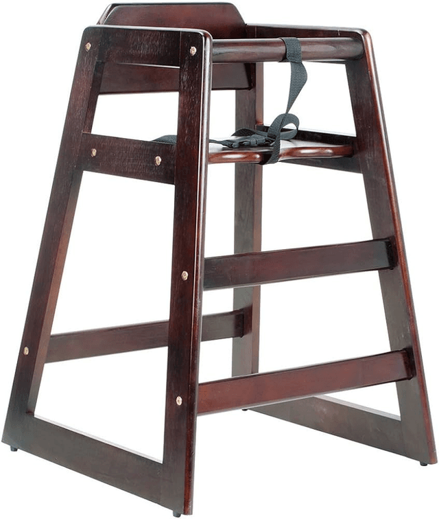 Wooden Children's High Chair with a secure harness, designed for rental at events and parties.