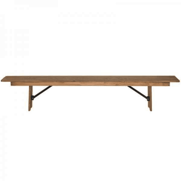 Farmhouse Bench with a rustic wooden top and metal supports, designed for delivery rental at events.