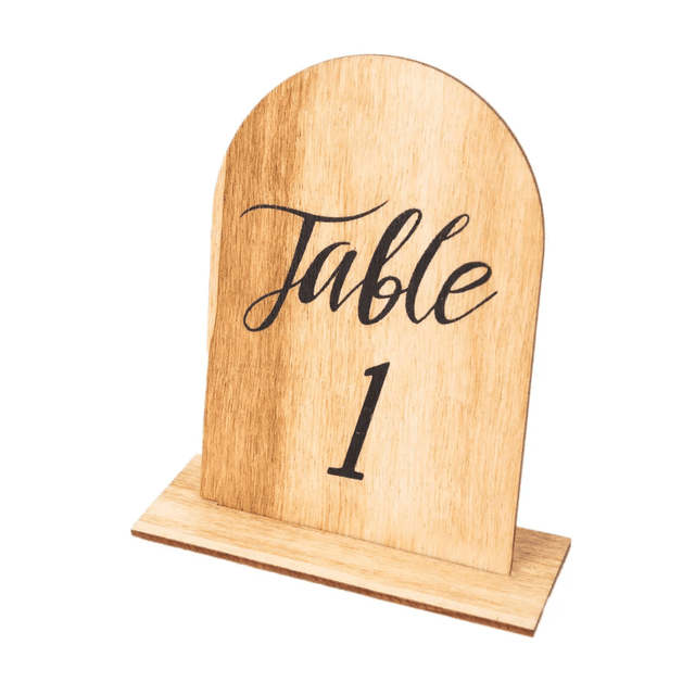 Wooden rustic table number sign displaying "Table 1" with an elegant design.