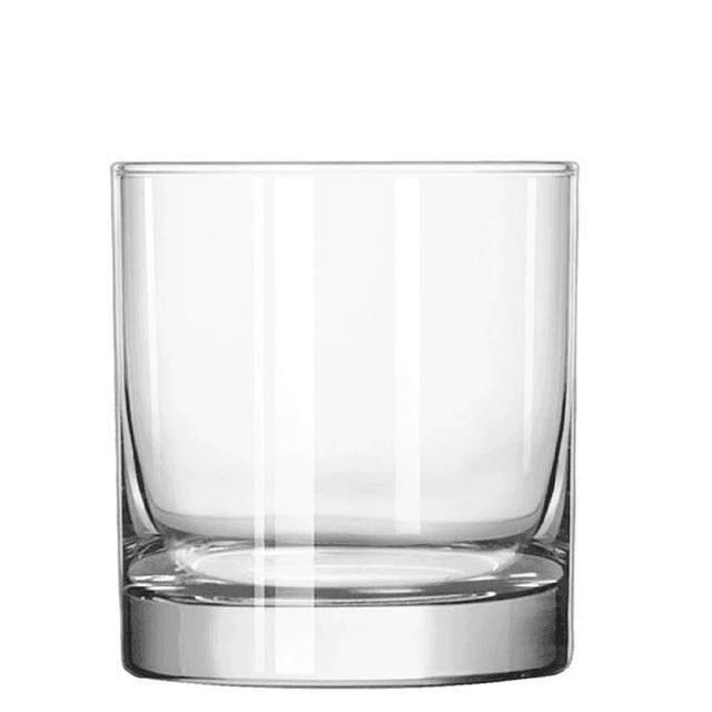 A clear 8oz whiskey glass with a sturdy base, perfect for rental at special occasions like weddings.