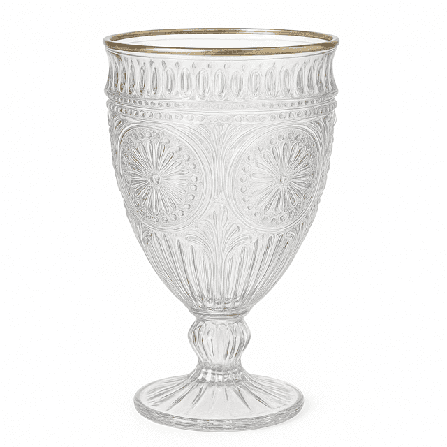 A clear glass goblet with intricate flower-embossed patterns and a gold rim, holding 10.5 oz, set against a plain white background.
