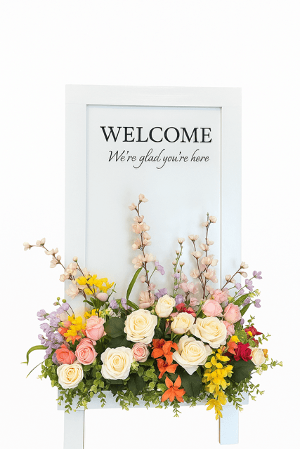 A white welcome sign with the words 'WELCOME We're glad you're here' in black lettering, decorated at the bottom with an arrangement of colorful artificial flowers including white, pink, yellow, orange, and red blooms.