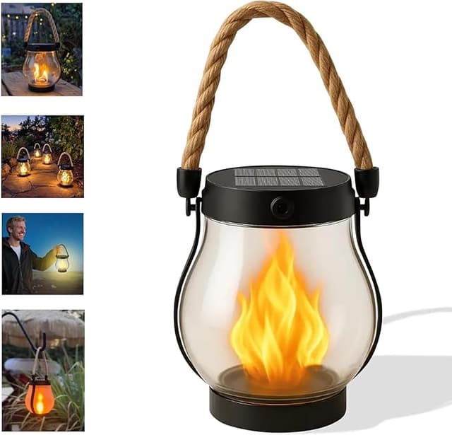 Black solar-powered lantern with rope handle, featuring a simulated flame effect inside the glass, shown in various outdoor event settings as decorative lighting.